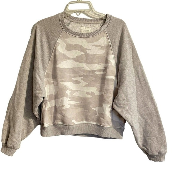 American Eagle Camo Cropped Sweatshirt Raglan Sleeve Gray White Large Lo… - Picture 1 of 10
